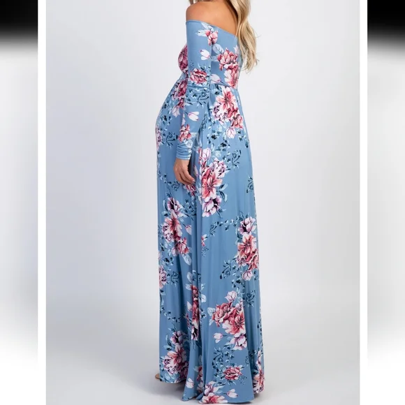 PinkBlush Light Blue Floral Off Shoulder Maternity Maxi Dress - Picture 4 of 9